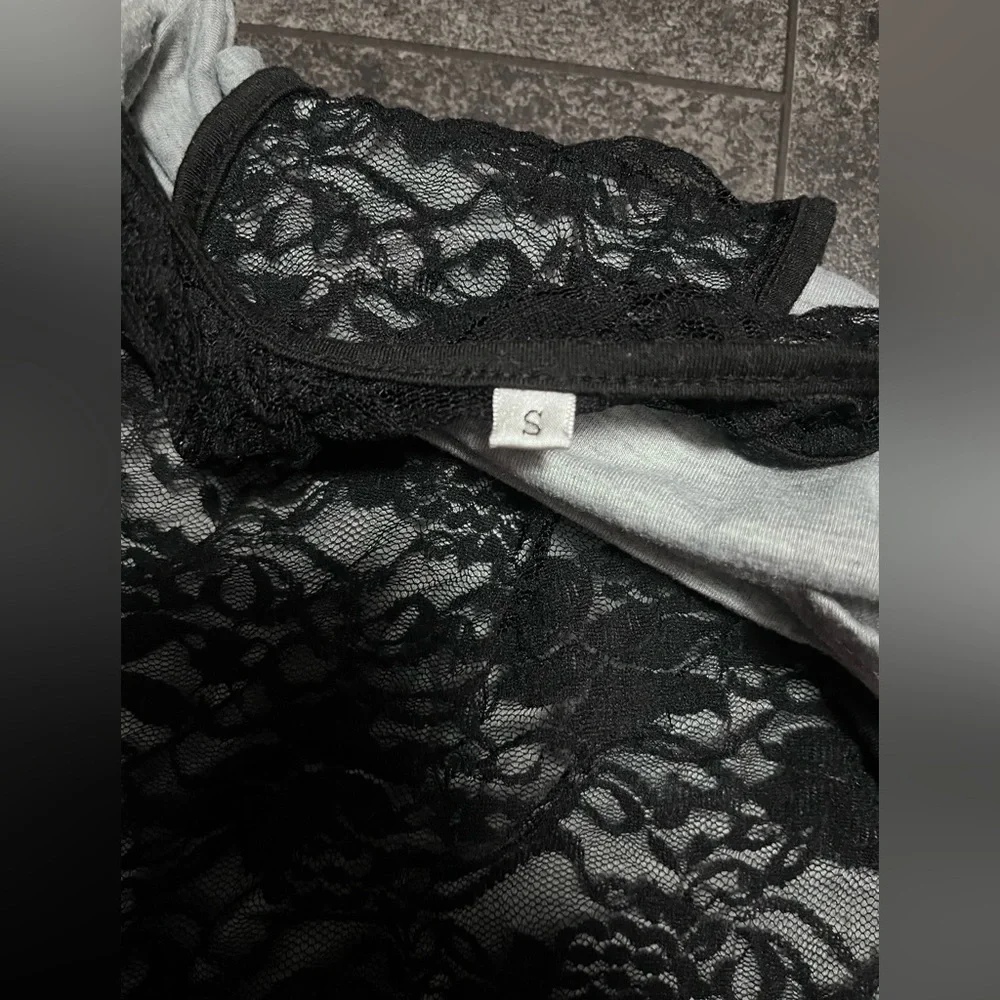 Totally 80’s Grey Off the Shoulder Top with Black Lace Overlay Tank - Picture 4 of 4